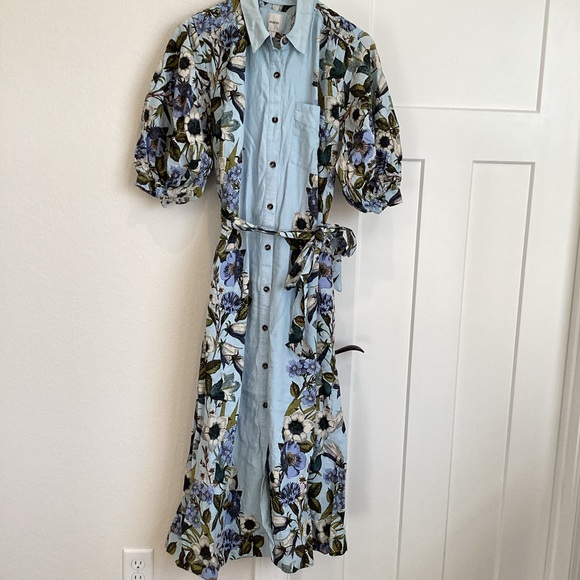 Anthropologie Mona belted Linen Shirt Dress Maeve NEW Large Blue Floral - Picture 4 of 15